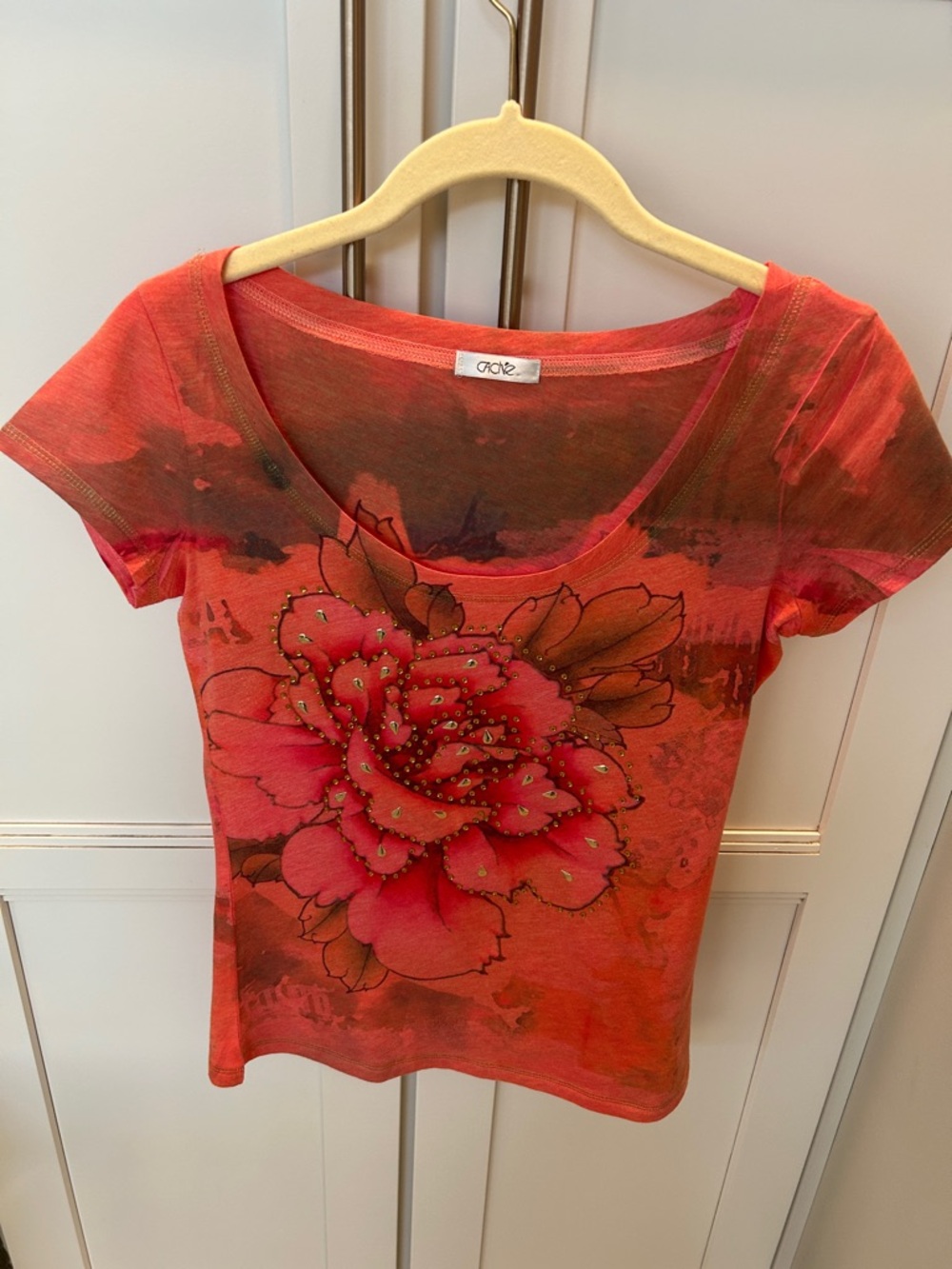 Cache Coral-Red Floral Scoop Neck Tee with Stud Detail